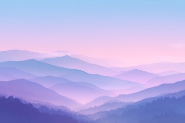 Fototapeta premium Serene pastel colored mountain range landscape at dawn or dusk with soft gradients of purple pink and blue sky