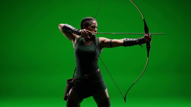 A strong female archer in costume aims a bow and arrow on a green screen set for special effects.