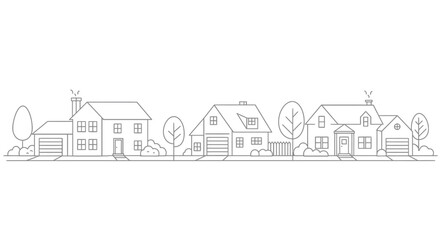 Simple black and white illustration of a quaint suburban neighborhood scene