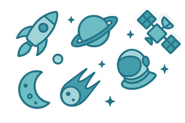 Cute space exploration elements including rocket, planet, satellite, and astronaut helmet