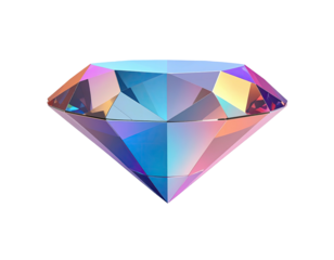 3D rendering of a large, multifaceted gem with iridescent, colorful reflections