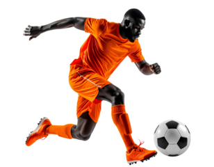 Black football player in bright orange jersey performing a midair ball receive and dribble, dynamic soccer action, isolated on transparent background, PNG