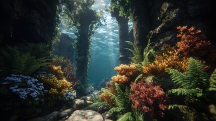 Obraz premium Sunlit underwater cavern with vibrant flora, creating a serene and mysterious aquatic landscape. Perfect for nature and adventure themes.
