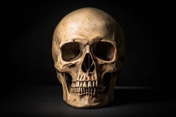 Obraz premium Frontal View Human Skull on Dark Background Bone Structure Study Anatomy Skeleton