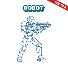 Modern and futuristic robot outline vector illustration carrying a modern and futuristic gun