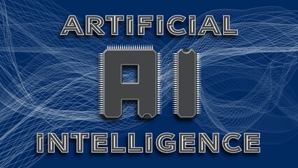 AI - Artificial Intelligence. The letters A and I in the form of microchips to the abbreviation AI on blue background with grid waves - 3D Illustration