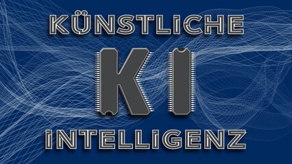 AI - Artificial Intelligence (in german Kuenstliche Intelligenz). The letters K and I in the form of microchips to the abbreviation KI on blue background with grid waves - 3D Illustration
