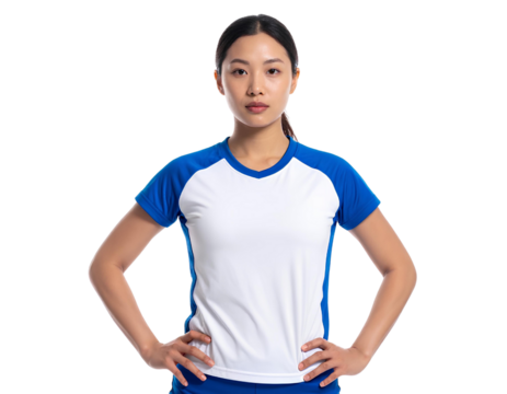 Young Asian female volleyball player standing in ready pose, prepared for a game, isolated on transparent background, PNG