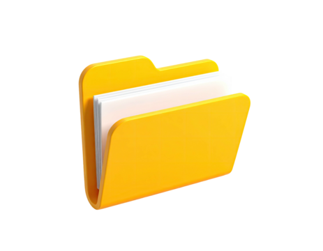 3D-rendered bright yellow file folder with white papers inside on a black background