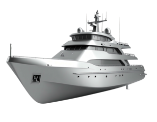 A sleek, silver three-deck yacht, angled against a black background, detailed