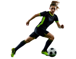 Professional female soccer player in black and green kit preparing to kick the ball, dynamic football action pose, isolated on transparent background, PNG