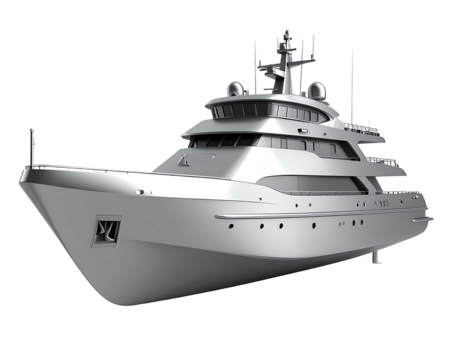 A sleek, silver three-deck yacht, angled against a black background, detailed
