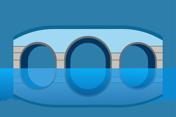 Cartoon bridge with three arches in blue water scene