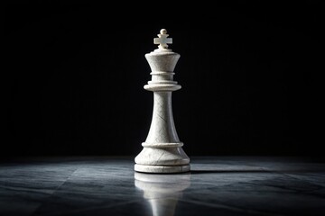 White Marble Chess King on Dark Polished Stone Surface with Dramatic Spotlighting and Reflection