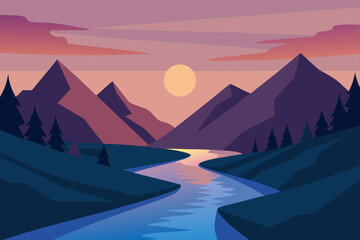 Illustration of mountains river and sunset landscape