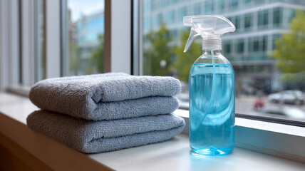 Cleaning supplies on a windowsill with towels and spray bottle.
