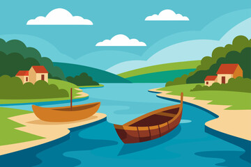 Boats on the river landscape with houses and hills