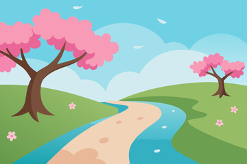 Cartoon landscape with cherry blossom trees and river