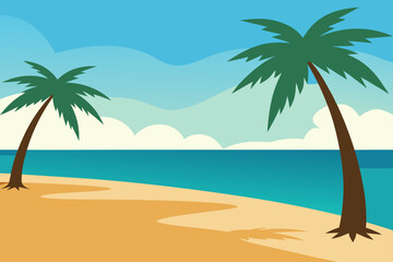 Two palm trees on a beach with ocean and sky view