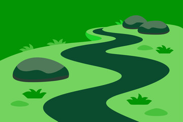 Winding path through a green landscape with rocks