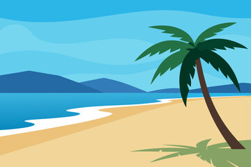 Illustration of a beach with palm tree and mountains