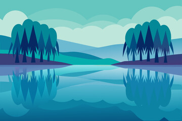 A serene lake scene with trees and mountain views