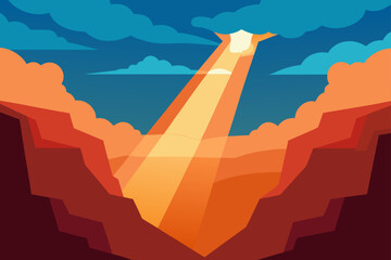 Canyon landscape with light rays shining through sky