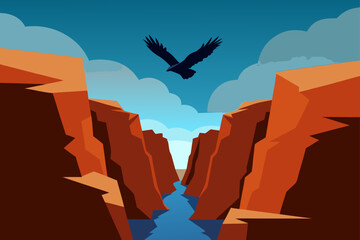 Eagle flying over canyon with river and cloudy sky