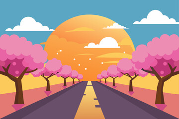Illustration of road with trees and sun in background