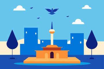 Illustration of a city with a monument and birds