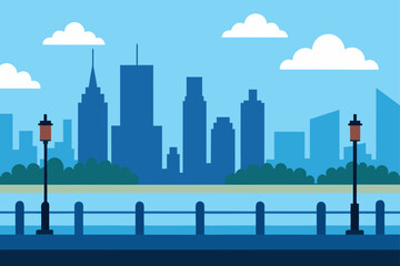 Cityscape silhouette with clouds and street lamps