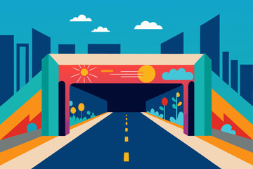 A colorful city tunnel with sky and building view
