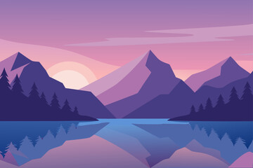 Landscape view of mountains and lake at sunset time