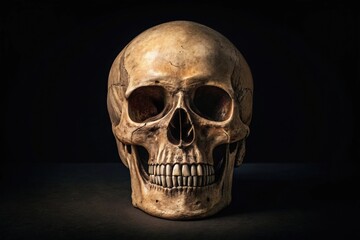 Obraz premium Aged Human Skull Black Background Dramatic Lighting Contours Shadows Bone Structure