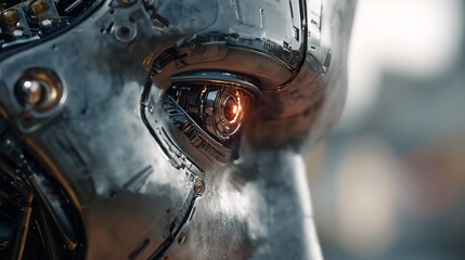 Futuristic Vision: Close-up of a Robot's Glowing Eye, Metallic Head and Textured Design.