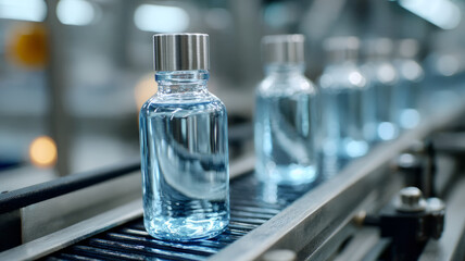 Glass bottles on a production line in a modern factory setting.