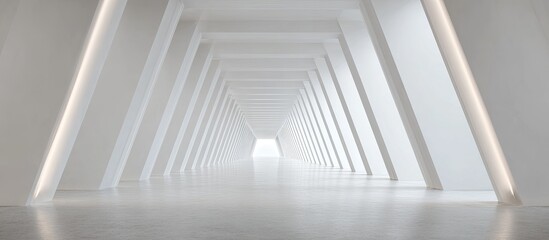 Empty, white architectural hallway with triangular support beams