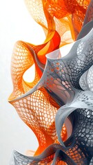 Abstract, organic forms in shades of orange and gray.  Intricate, flowing,  mesh-like structures