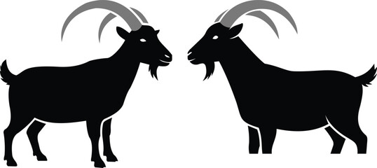 Two black goats with large curved horns standing in silhouette, bold livestock farm animal vector design for rural artwork and logosWeb