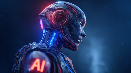Striking close-up portrait unveils a sleek, futuristic AI robot with glowing neon accents against dark backdrop.