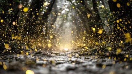 Enchanted Forest Path: Sunlight and golden orbs create a magical ambiance along a dark woodland trail, suggesting mystery and wonder.