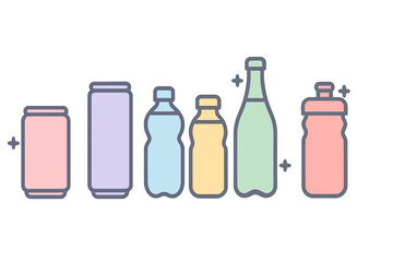 Diverse assortment of colorful liquid containers such as aluminum cans, plastic bottles, and reusable sports flasks
