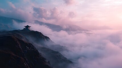 A solitary ancient temple sits atop a misty mountain peak at dawn bathed in soft light
