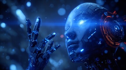 Futuristic humanoid robot with glowing blue eyes and intricate mechanical design elements for technology concept.