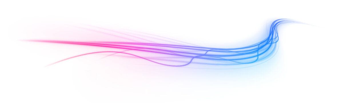 Glowing neon wave trail, electric energy flow in smooth curves. Abstract light motion vector. Futuristic glowing streaks in blue and pink hues. PNG