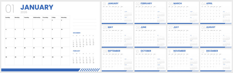 Clean calendar template for 2026. Monthly calendar layout with planner and notes. Desk calendar design for company.