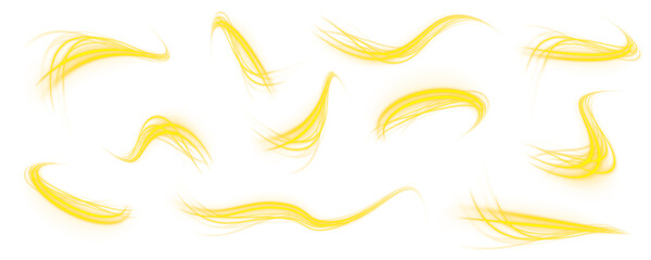 Neon spiral waves with radiant motion trails. Futuristic light tunnel effect. Abstract vector streaks in yellow gradients. PNG