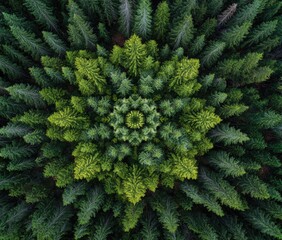 Forest canopy, symmetrical design.  Dense green trees radiate from a central point, forming a mandala pattern, viewed from above.  Varied shades of green, from light lime to deep emerald