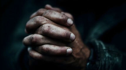 Fototapeta premium Weathered hands clasped tightly in solemn prayer illuminated by dramatic light against a dark background