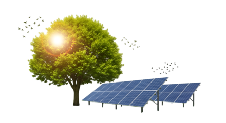 Lush Green Tree and Solar Panels with Birds and Sun Flare